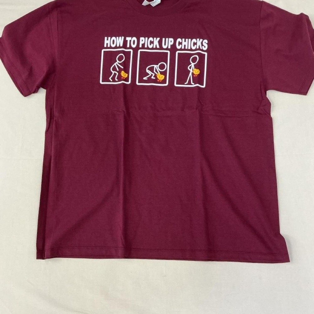 Funny graphic tee featuring a playful "How to Pick Up Chicks"